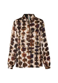 Button-up shirt made of smooth fabric with a light background, featuring a brown floral pattern, a collar, and long sleeves.