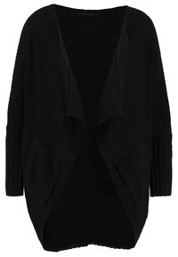 Černý pletený kardigan s otevřeným předním dílem, dlouhými ribovými rukávy a dvěma předními kapsami, s texturovaným vzorem.