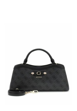Sac à main noir Guess avec doubles poignées, bandoulière amovible et motif logo répété, équipé de ferrures dorées et d’un emblème central de la marque.