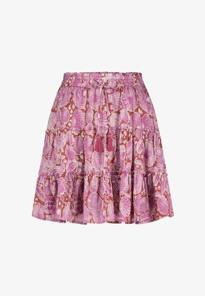 Roze gelaagde rok van lichtgewicht stof, met een schelp- en bloemenpatroon, voorzien van een geraffineerde tailleband en twee decoratieve franje.