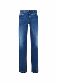 Blå denimjeans med raka ben, framknapp och dragkedja samt två horisontella framfickor.