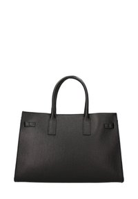 Zwart leren handtas met twee handvatten, rechthoekige vorm en gestructureerd oppervlak, ontworpen om met de hand of over de arm te dragen.