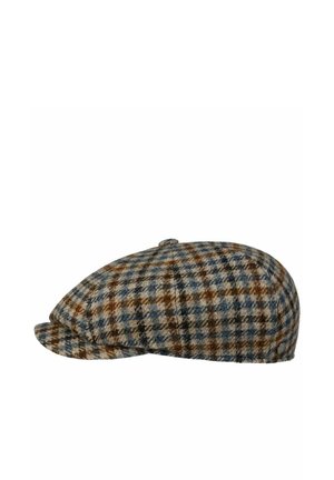 Flat cap with brown, blue, and gray plaid pattern, featuring a small button on top and a short rounded brim.