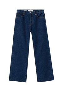 Jean en denim bleu foncé à taille haute, jambes larges, avec bouton sur le devant, fermeture éclair, passants pour ceinture et design à cinq poches.