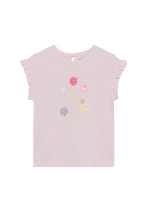 Hellrosa Baumwoll-T-Shirt mit kurzen, gerafften Ärmeln, verziert mit bestickten Blumen in Rosa, Lila, Gelb und grünen Akzenten. Rückenverschluss mit Knöpfen.
