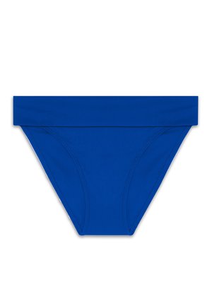 Blaue Schwimmbiquini-Unterteile aus glattem Stoff, ausgestattet mit einem breiten Bund und minimalistischer Gestaltung mit subtilen Nähdetails.