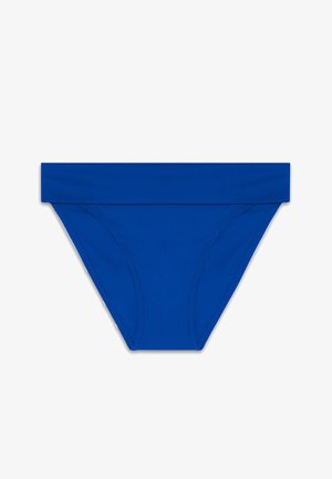 Blaue Schwimmbiquini-Unterteile aus glattem Stoff, ausgestattet mit einem breiten Bund und minimalistischer Gestaltung mit subtilen Nähdetails.