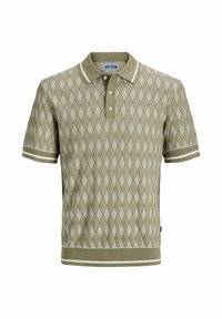 Kurzärmeliges khakifarbenes Poloshirt mit Rautenmuster, Dreiknopf-Leiste und weiß gestreiftem, geripptem Kragen, Bündchen und Saum.