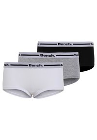 Tričko páry elastických bavlnených boxeriek v bielej, sivej a čiernej farbe s elastickým pásom s logom "Bench." v čiernej farbe.