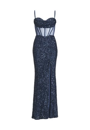 Marineblaue paillettenbesetzte Robe mit tailliertem Oberteil, transparentem Mittelteil und Oberschenkel-Spitze. Spaghetti-Träger und eine bodenlange Silhouette.