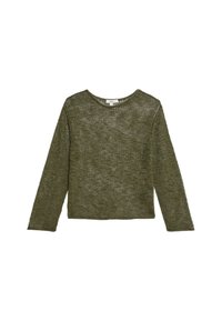 Pull en maille olive, manches longues, col rond, texture en tricot aérienne et coupe décontractée. Aucune quincaillerie ni motifs visibles.