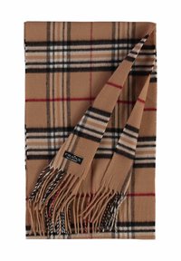 Brown plaid scarf with black, white, and red stripes, featuring fringed edges and a black tag with white text, made of soft fabric.