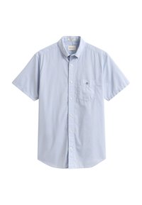 Chemise bleu clair à manches courtes avec boutons, col boutonné et une poche poitrine avec un petit logo brodé.
