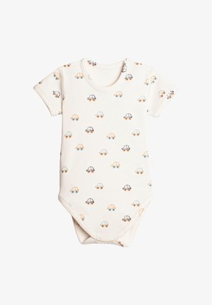 Kremowy niemowlęcy kaftanik z krótkim rękawem na zatrzaski, ozdobiony nadrukiem małych niebieskich, pomarańczowych i czarnych samochodzików w stylu kreskówkowym na całej powierzchni.