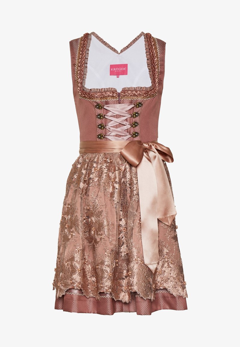 Różowa sukienka dirndl z dopasowaną górą, sznurowanym przodem, koronkową nakładką w kwiaty na spódnicy, satynowym paskiem oraz ozdobami z koralików.