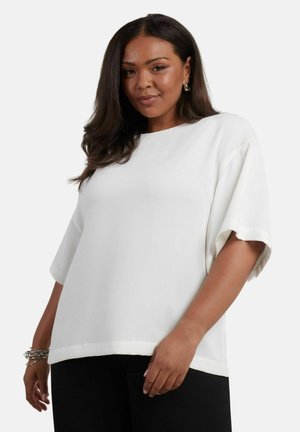 White short-sleeve blouse with a wide neckline and a relaxed fit, made from a smooth fabric. Clean hem and subtle texture details.