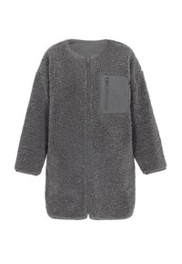 Giacca grigia e pelosa realizzata in materiale morbido e testurizzato. Presenta maniche lunghe, chiusura con zip sul davanti e una tasca sul petto con chiusura a zip.