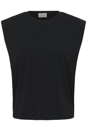 Must musta varrukateta top koos polsterdatud õlgade ja väikese tikandiga logoga rinnal, kaelusel on silt Gestuz.