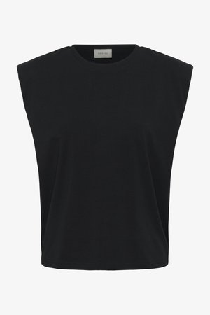 Must musta varrukateta top koos polsterdatud õlgade ja väikese tikandiga logoga rinnal, kaelusel on silt Gestuz.