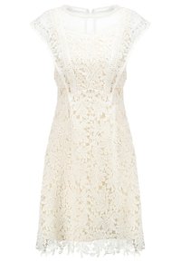 Cremfarbene Spitzenkleid mit kurzen Ärmeln, das florale Muster aufweist, einen runden Halsausschnitt und einen Saum mit Spitzenbesatz hat. Leicht und figurbetont.