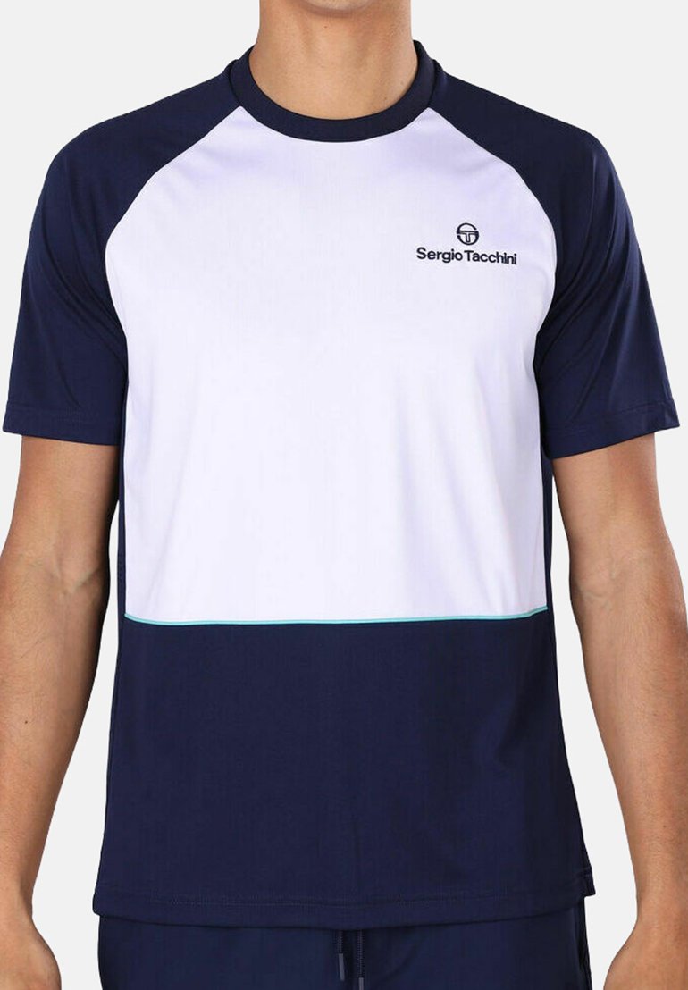 Blauw en wit sportshirt met korte mouwen, featuring raglanmouwen, een ronde halslijn en een Sergio Tacchini-logo op de borst.