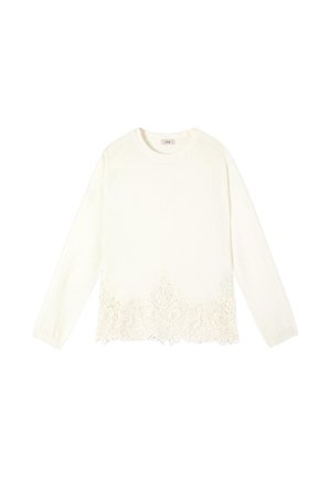 Pull blanc à manches longues et col rond, avec des détails en dentelle complexes le long de l'ourlet inférieur et un motif subtil sur les manches.