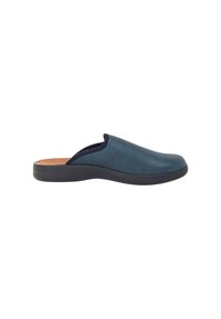 Zoccoli in pelle turchese con punta arrotondata, design slip-on e superficie texturizzata, dotati di suola in gomma nera e soletta in sughero per il comfort.