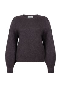 Donkergrijze mohair sweater met een ronde halslijn, lange pofmouwen en een zachte, fuzzy textuur. Etiket zichtbaar bij de hals.
