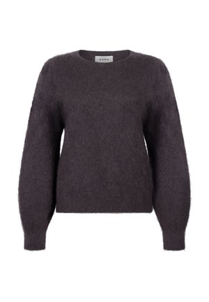 Donkergrijze mohair sweater met een ronde halslijn, lange pofmouwen en een zachte, fuzzy textuur. Etiket zichtbaar bij de hals.