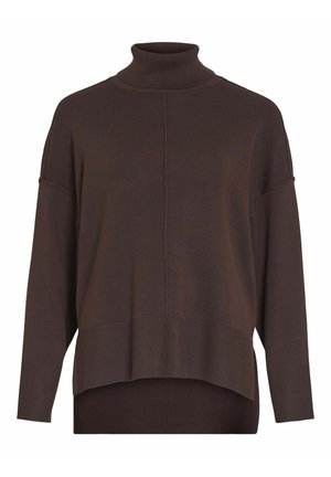 Brūns turtlenecks zeķubikses ar pieklājīgu futbolu, ribotu tekstūru, kritušām plecu daļām un garāku aizmugures malām. Nav redzamu rakstu vai detaļu.