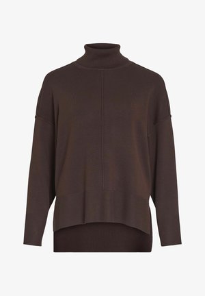 Brauner Rollkragenpullover mit lockerer Passform, gerippter Textur, überschnittenen Schultern und längerem Rückensaum. Keine sichtbaren Muster oder Metallteile.