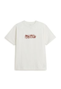 White short-sleeve t-shirt with a central graphic of four brown dice showing different numbers.