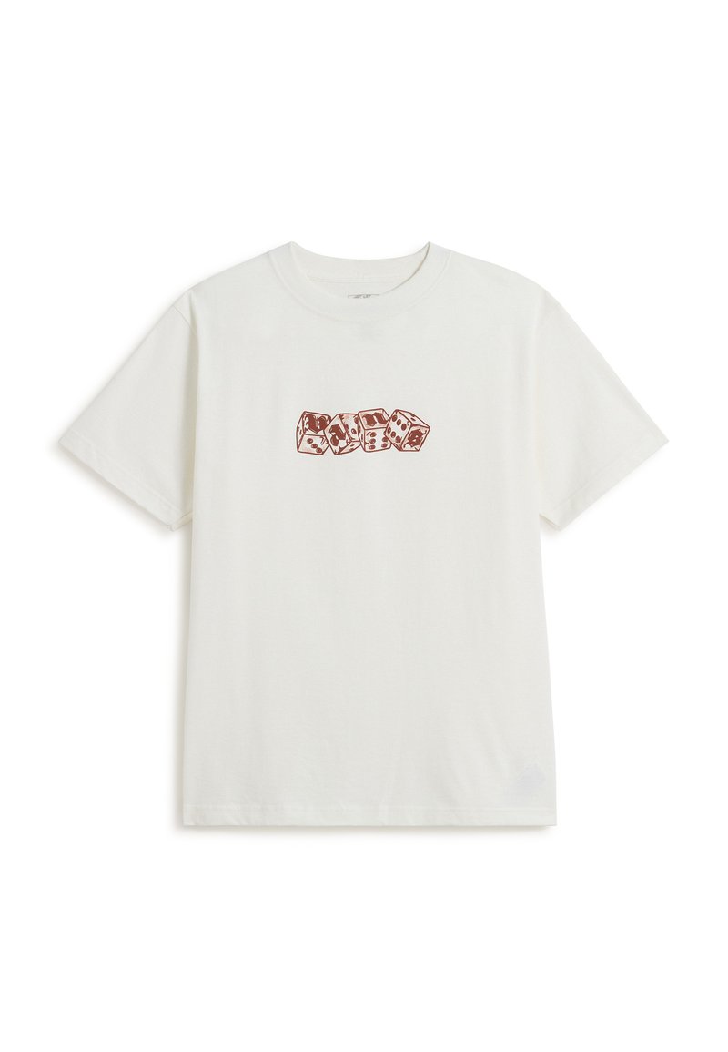 White short-sleeve t-shirt with a central graphic of four brown dice showing different numbers.