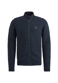 Marine blauw gebreid sweater met ritssluiting, hoge kraag, ribgebreide manchetten en zoom, textuur gebreid patroon en een detail op de linker mouw.