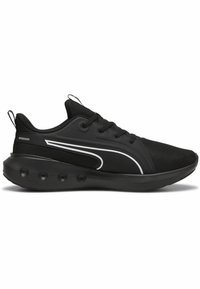 Zwarte sportschoenen met een lichtgewicht mesh bovenzijde, gevoerde kraag en slanke witte accenten. Bevat een gevoerde zool met cirkelvormige details.