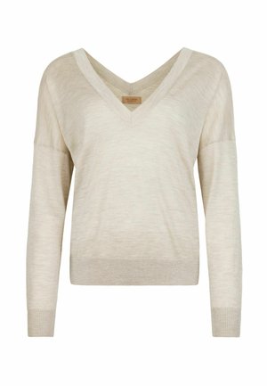 Beiger Pullover mit V-Ausschnitt und langen Ärmeln, mit gerippten Bündchen und Saum, Vorderansicht auf weißem Hintergrund gezeigt.