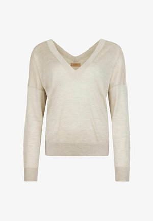 Beiger Pullover mit V-Ausschnitt und langen Ärmeln, mit gerippten Bündchen und Saum, Vorderansicht auf weißem Hintergrund gezeigt.