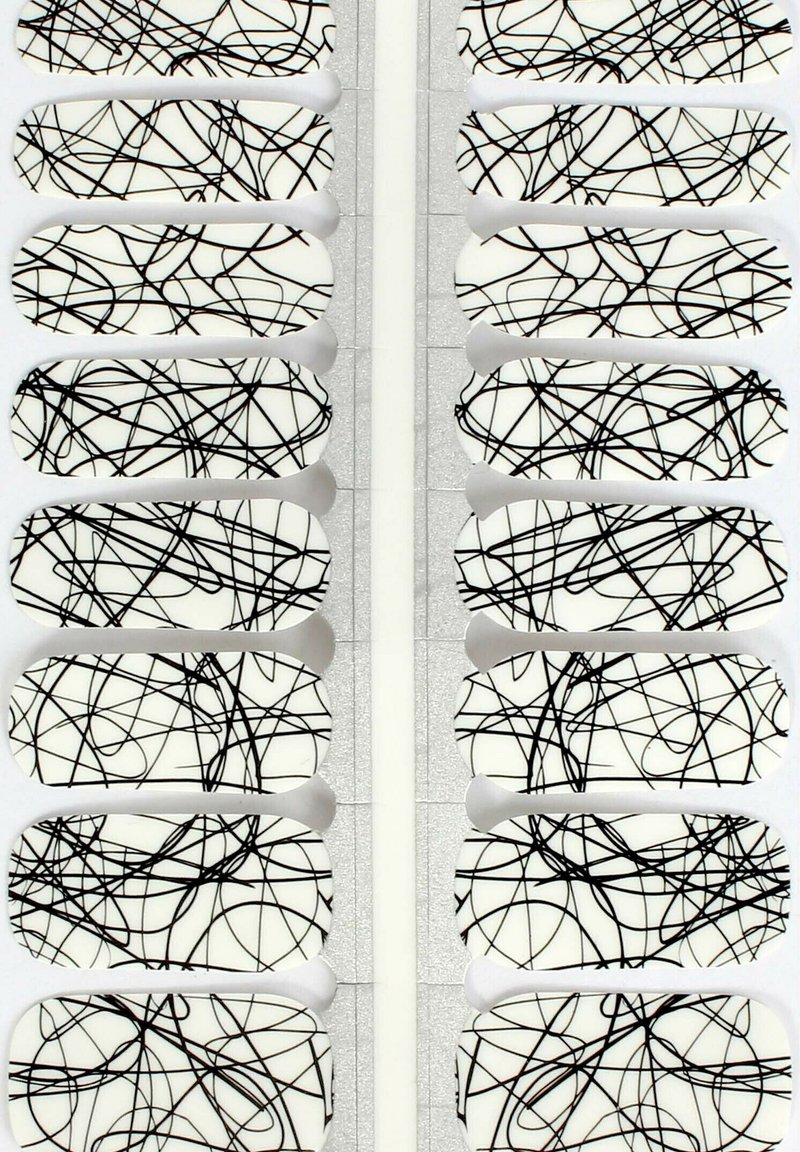 Abstraktes Design mit ovalen Elementen auf weißem Grund und schwarzen, verworrenen Linien, angeordnet in Reihen auf einem strukturierten grauen Hintergrund.