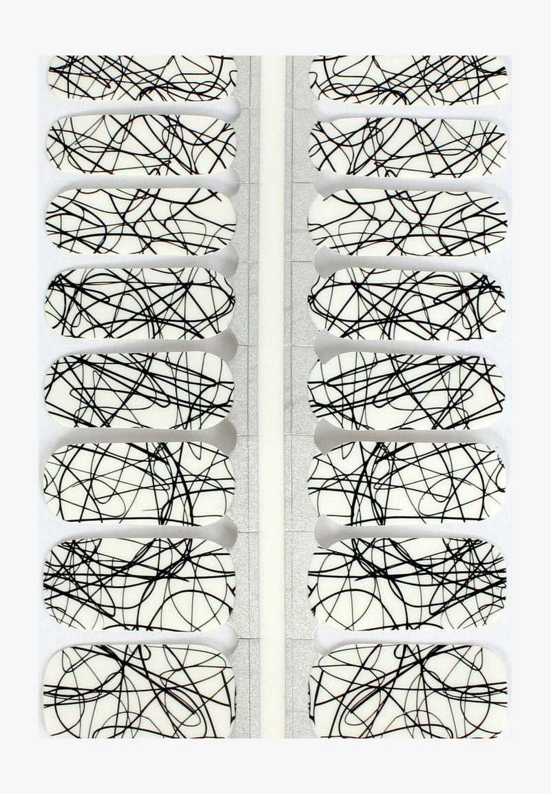 Abstract design featuring oval-shaped pieces with a white base and black tangled lines, arranged in rows on a textured gray background.