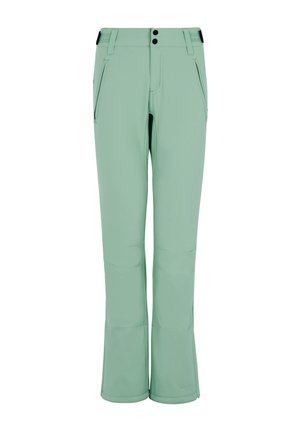 Pantalons de ski vert clair avec une texture lisse, dotés de deux poches avant et d'un bas légèrement évasé. Deux boutons à la taille.