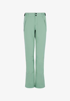 Pantaloni da sci verde chiaro con una texture liscia, dotati di due tasche frontali e con fondo leggermente svasato. Due bottoni in vita.