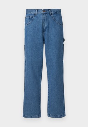 Blue denim jeans with a straight cut, five-pocket design, and side cargo pockets. Features a metal button and belt loops.