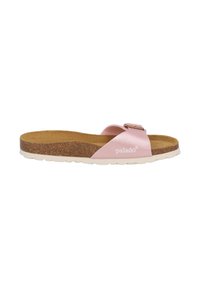 Sandal con suola in sughero dal design curvo, dotato di una fascia sintetica rosa pallido con una fibbia in metallo e una soletta texturizzata per il comfort.