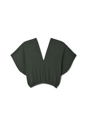 Copertura in tessuto verde scuro con maniche larghe e orlo elasticizzato. Il materiale sembra morbido e leggermente testurizzato.