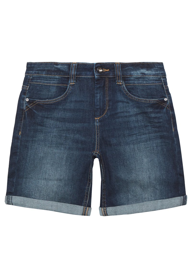 Pantalones cortos de mezclilla en azul oscuro con puños enrollados. Presenta un diseño clásico de cinco bolsillos, costuras en contraste y un cierre frontal con botón.