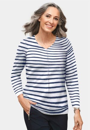Gestreifter Pullover in Weiß und Marineblau, V-Ausschnitt, lange Ärmel, weicher Stoff, mit einer vorderen Naht und seitlichen Taschen.