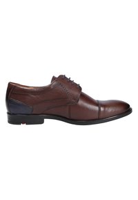 Brown leather dress shoe featuring a rounded toe, narrow lace-up design, contrasting navy heel detail, and decorative stitching on the side.