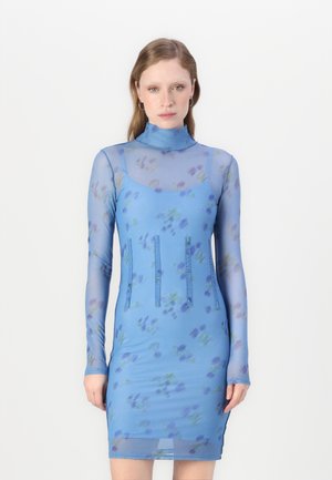Blue mesh dress with long sleeves, high neck, floral pattern in purple and green, fitted silhouette, and vertical detailing at the front.