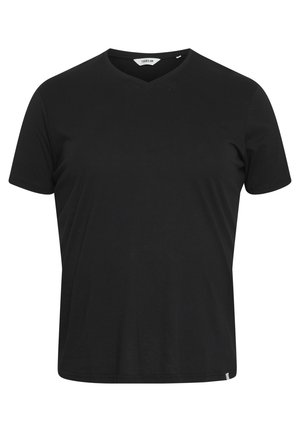 Sort kortærmet V-hals T-shirt lavet af blødt bomuldsstof, med en afslappet pasform og minimalistisk design uden mønstre eller hardware-detaljer.