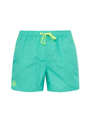 Pantaloni da bagno turchesi realizzati in materiale leggero. Presentano una vita elastica con un cordoncino giallo, tasche laterali e un logo.
